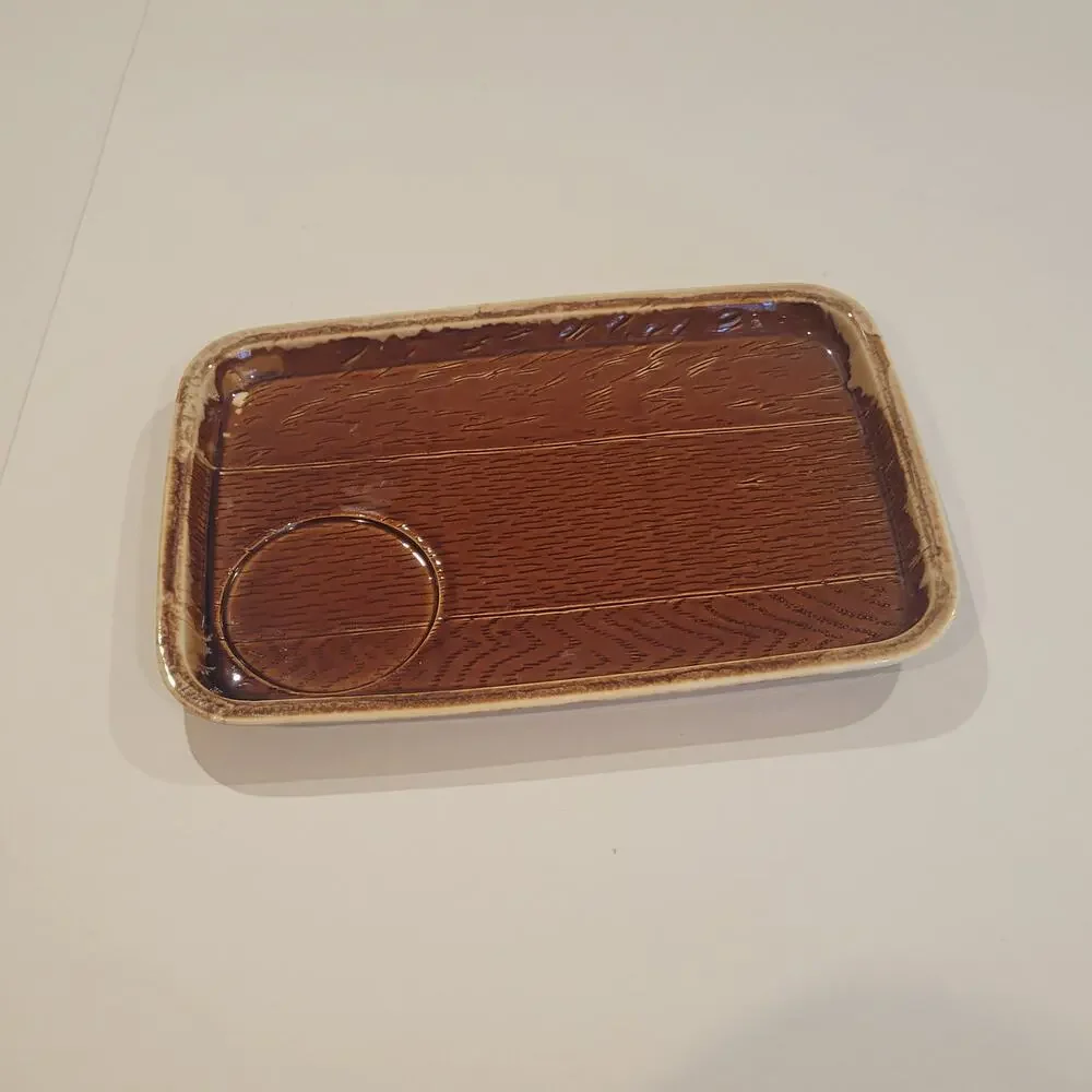 Vintage Brown Ceramic Tray Plate with cut for Cup Holder Made in USA